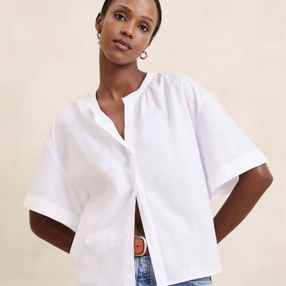 Banana Republic Shadow Stripe White Crisp Button Down Top XL - Picture 1 of 5